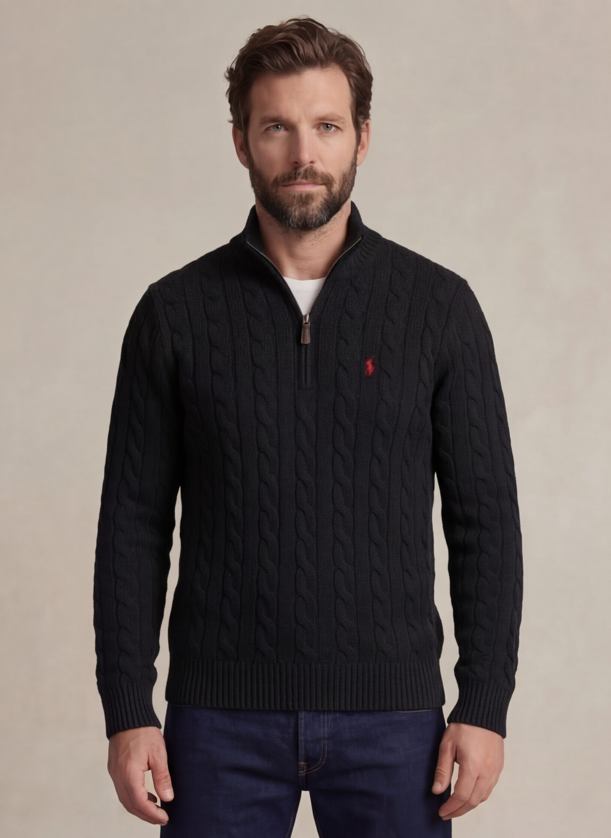 Cable-Knit Cotton Quarter - Zip Sweater - Noir