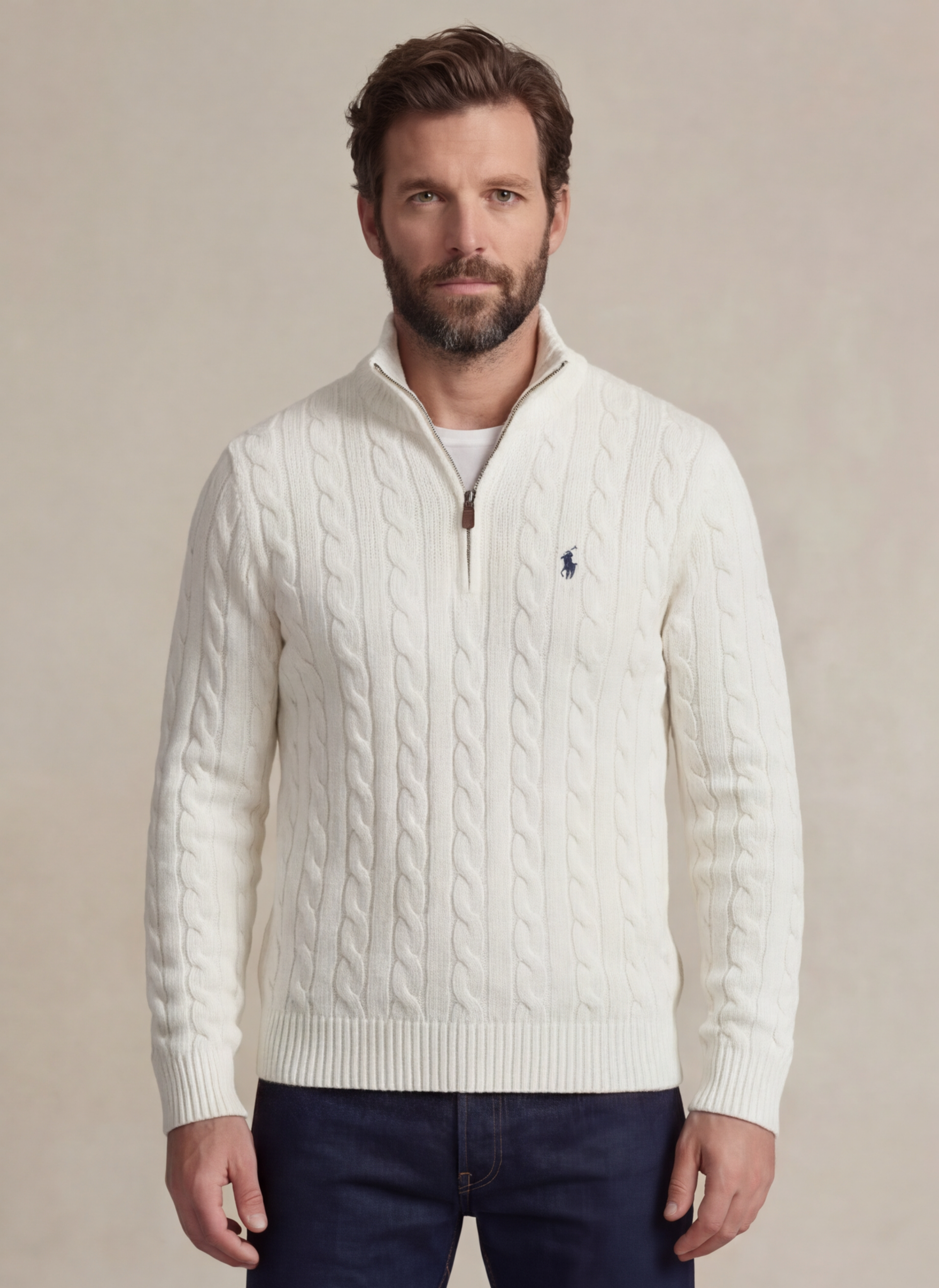 Cable-Knit Cotton Quarter - Zip Sweater - Blanc