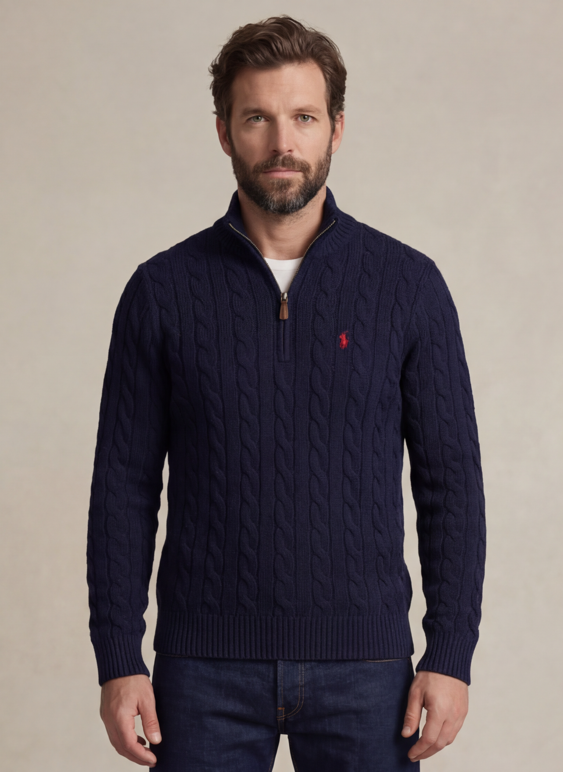Cable-Knit Cotton Quarter - Zip Sweater - Bleu