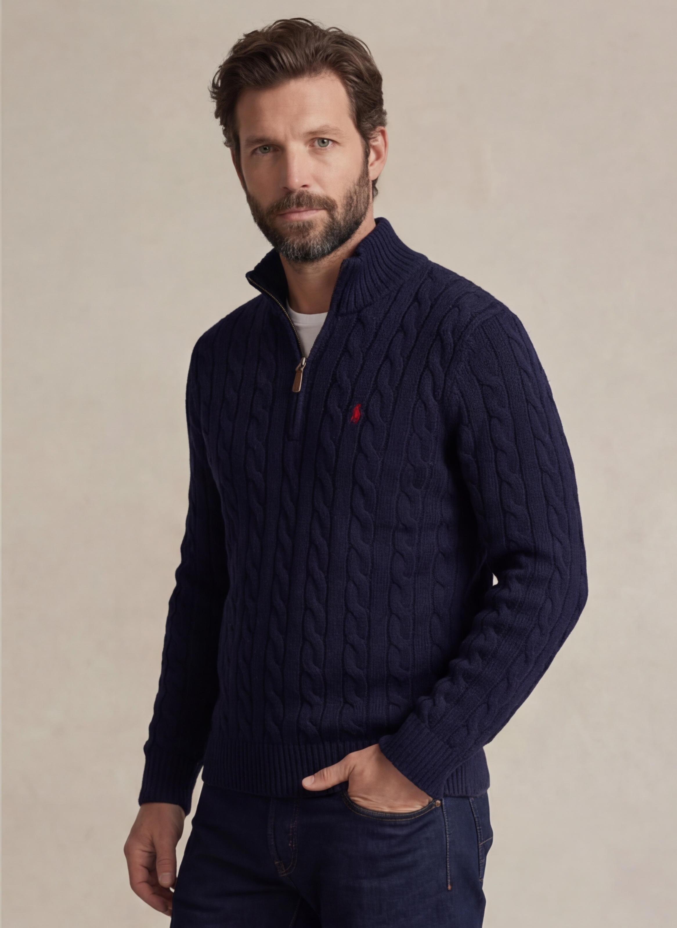 Cable-Knit Cotton Quarter - Zip Sweater - Bleu