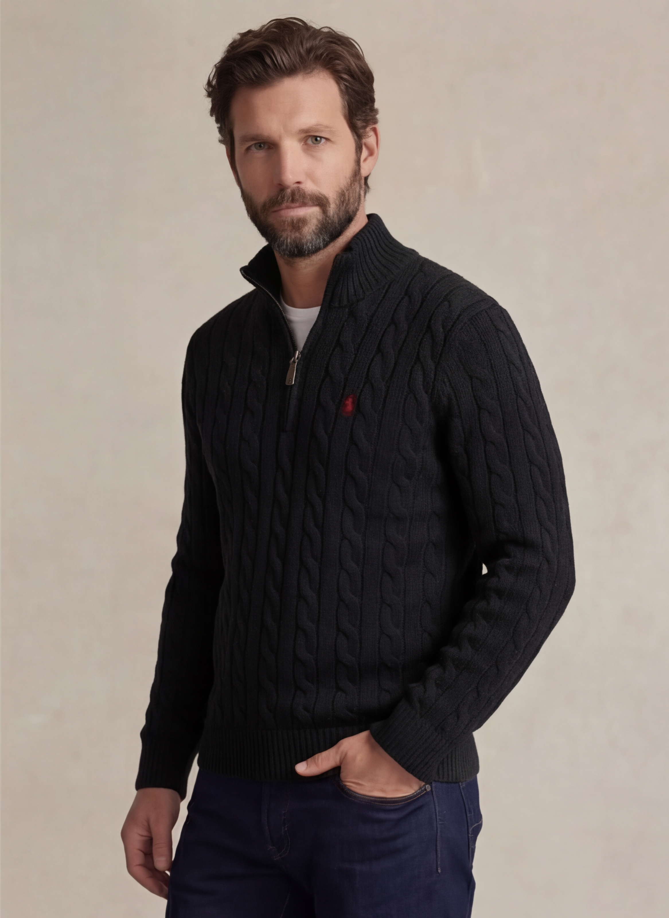 Cable-Knit Cotton Quarter - Zip Sweater - Noir