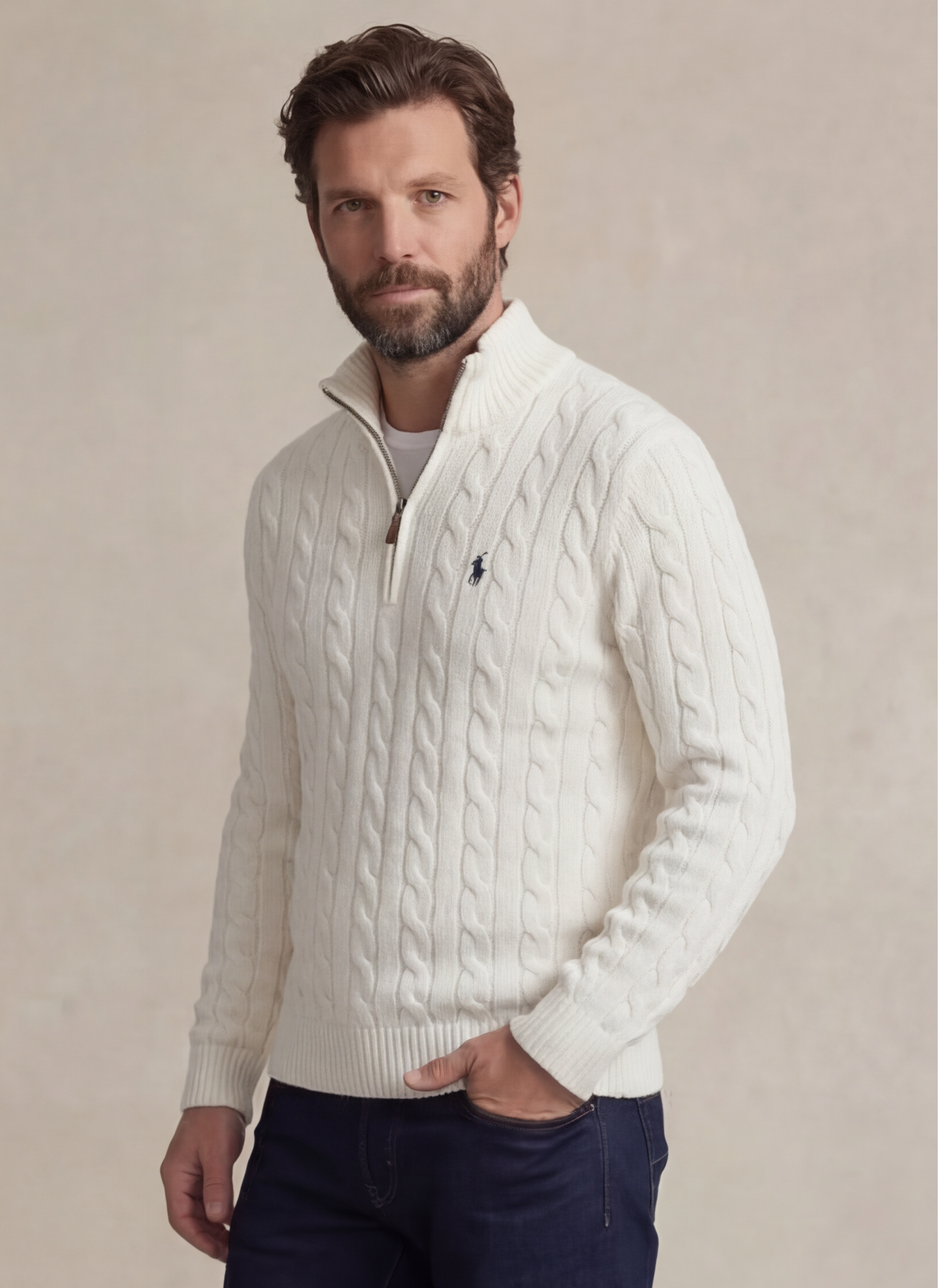 Cable-Knit Cotton Quarter - Zip Sweater - Blanc